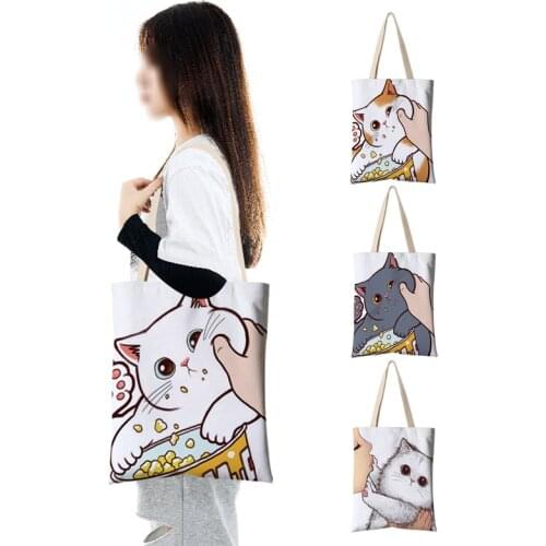 Funny Don't Kiss Me Cartoon Cat Print Women Canvas Shopping Bag School Books Shoulder Bag Tote Reusable Grocery Shopper Bags
