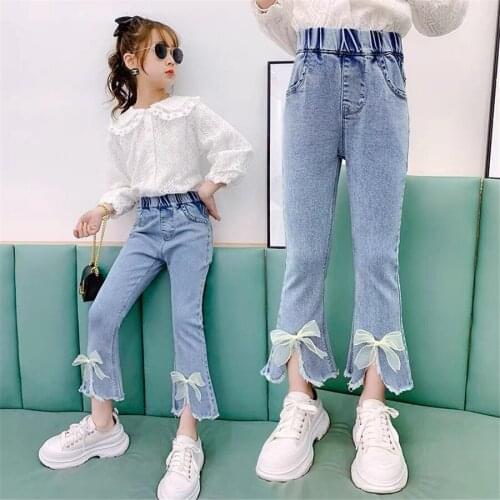3-12T Jeans For Girls Elegant Bow Cute Denim Pants Sweet Bowknot Stretch Lovely Spring Child Trousers Toddler Kid Baby Steetwear