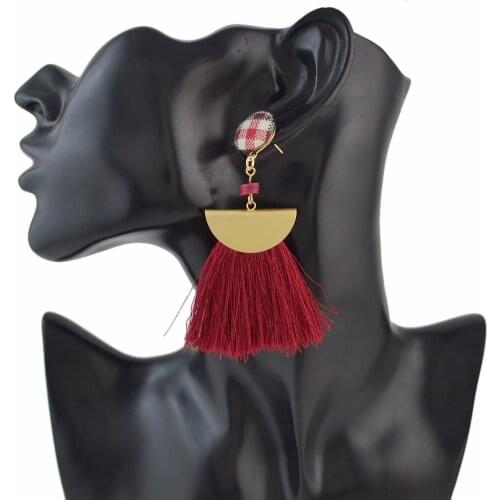 Boho Cutton Button Fan Shaped Statement Drop Dangle Earring Thread Tassel Long Fringe Earrings for Women Girls Bridal Jewelry