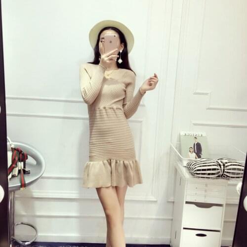 Alpha 2016 Ladies Mermaid Knitting Dress Cross V-neck Long-sleeve High Waist Ruffle Fish Tail Basic Knitted Dress 4colors