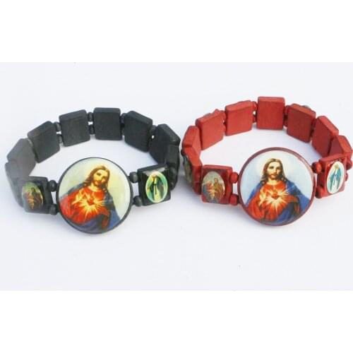 10PCS Black Brown mix Saints Religion rosary wooden bracelets Fashion Wooden Jesus Bracelet Wooden Rosary Religious Bangles