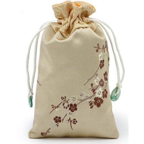 3pcs Patchwork Jade Cherry blossoms Drawstring Gift Bag Travel Jewelry Necklace Storage Pouches Chinese Silk Brocade Phone Cover
