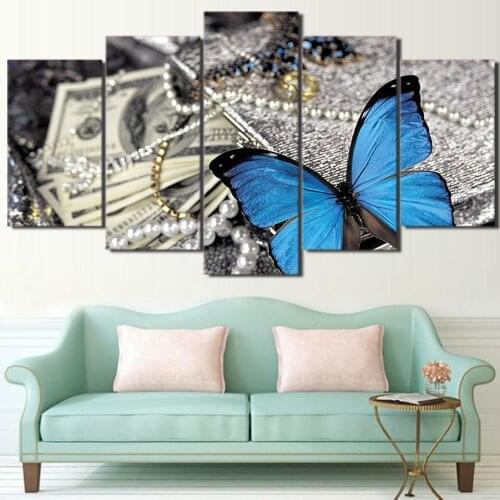 HD printed 5 Piece canvas painting wall pictures for living room modern Blue Butterfly Jewelry art print(No Frame)