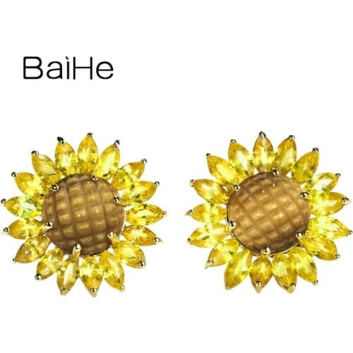 BAIHE Solid 14K Yellow/Rose/White Gold 2.8ct Tiger-eye stone 3.7ct Yellow Sapphirs Fine Jewelry sunflower Earrings Women серьги