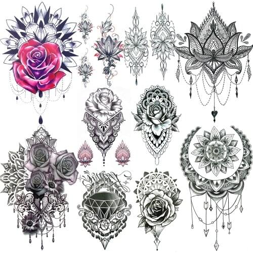 Large Black Henna Temporary Tatoos For Women Girl Fake Flower Waterproof Tattoos Paper Diamond Moon Sun Water Transfer Tattoos