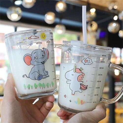 Children Milk Cup Glass Home Drinking Cup Breakfast Cup Straw Glass Scale Juice Water Cup Health Baby Kids Bottle Feeding 450ml