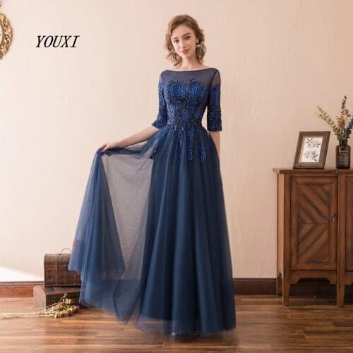 Elegant Navy Blue Evening Dresses 2020 Boat Neck Tulle Lace Beaded Pearls Long Prom Dresses Floor Length Lace Up Back