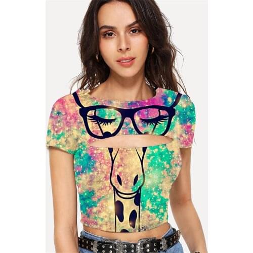 Somepet Giraffe T-shirt Women Lovely Shirt Print Animal T-shirts 3d Colorful Navel Bare Short Sleeve Hip Hop New Streetwear