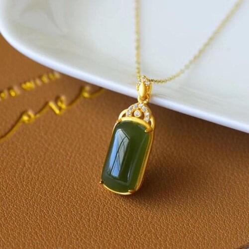 Natural Hetian Gray Jade Inlaid 925 Sterling Silver Ancient Style Thick Gold Long Lucky Pendant Pendant Lasting Color Retention