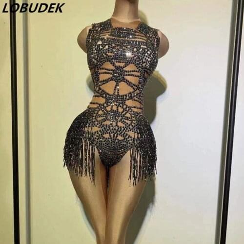 Bar Stage Rhinestones Tassel Bodysuit Women Dancer DJ Performance Tight Fitting Fringe Crystal Leotard Club Bar Sexy Costume