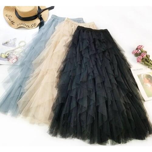 2020 Summer Boho Long High Waist Ruffles Women Beach Skirts Pink Jupe Femme Tulle Skirt Saia Midi Faldas