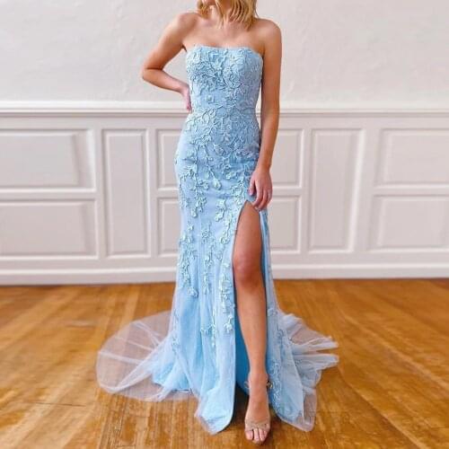 LORIE Strapless Sky Blue Lace Prom Dresses Long Sexy Formal Evening Gowns Mermaid Sleeveless Tulle Prom Gowns with High Slit