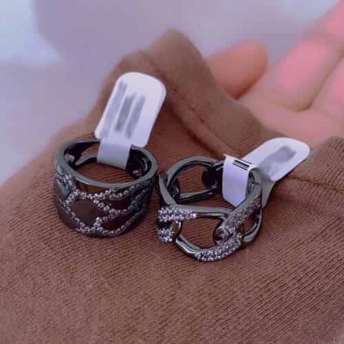 Brand 1:1Fahsion Ring Black Dark Grey Large Chain Link Camouflage Wide finger Ring Micro Zirconia Women Luxury Brand Jewelry