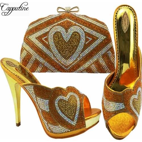 Capputine Nigreian Style Gold Color Rhinestone Ladies Shoes And Bag Set African Design Pumps Shoes And Bag Set For Party Dress