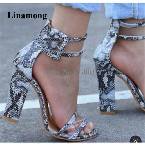 New Design Women Fashion Open Toe Snake Leather Patchwork Clear PVC Chunky Heel Sandals Ankle Strap Buckle High Heel Sandals