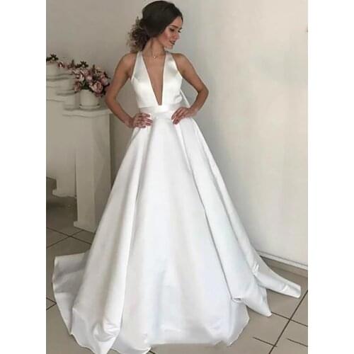Deep V-Neck A-Line Wedding Dresses Satin Sexy Open Backless Sleeveless Bridal Gowns 2020 Formal With Bow Back Plus Size