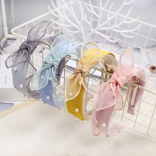 Headband Hairband For Women Girl Organza Lace Bow Knot Pearl Fresh Sweet Korean Fashion Hair Accessories Wholesale
