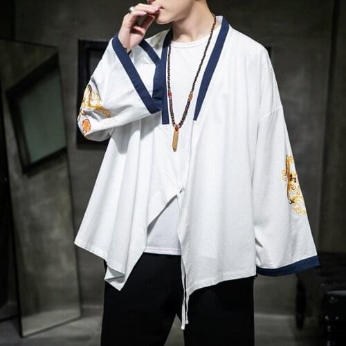 Plus Size Men Kimono Cardigan Embroidery Dragon Traditional Chinese Style Hanfu Men Harajuku Streetwear Yukata Haori