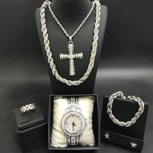 Luxury Men Silver Color Watch & Neckalce & Braclete & Ring & Earring Combo Set Ice Out Cuban Jewerly In Crystal Neckalce For Men