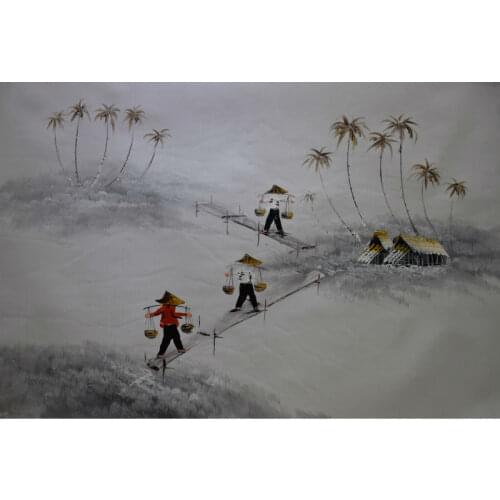 Hand Painted OIl Painting on Canvas Vietnam Landscape Fishing Painting Canvas Painting Modern Wall Art Pictures for Living Room