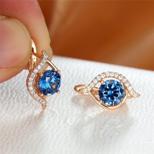 Luxury Female Blue Zircon Earrings Charm Gold Color Clip Earrings For Women Dainty Crystal Geometry Wedding Earrings