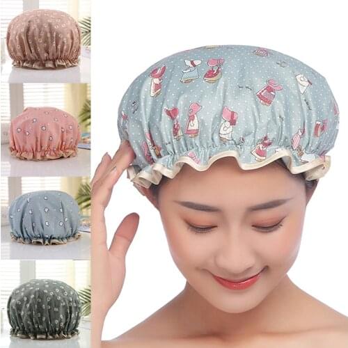 1Pcs Double Layer Thick Women Shower Satin Hats Waterproof Bathing Cap Polyester Cotton Shower Hats Bathroom Accessories