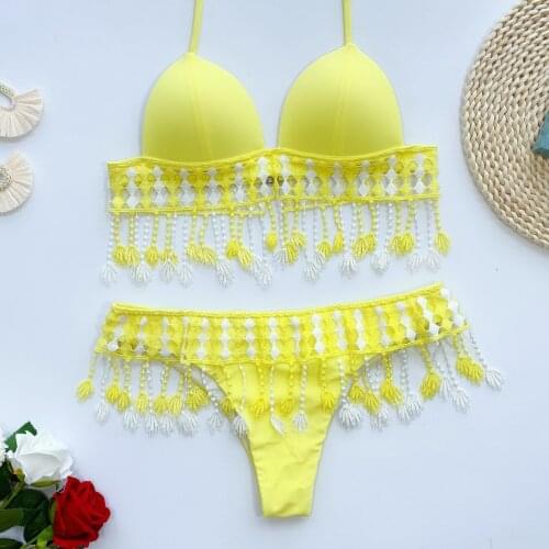 Sexy mid waist Bikinis Women Swimsuit 2020 Summer Tassels Bathing Suits Push Up Bikini solid color Swimwear Beach Wear Biquini