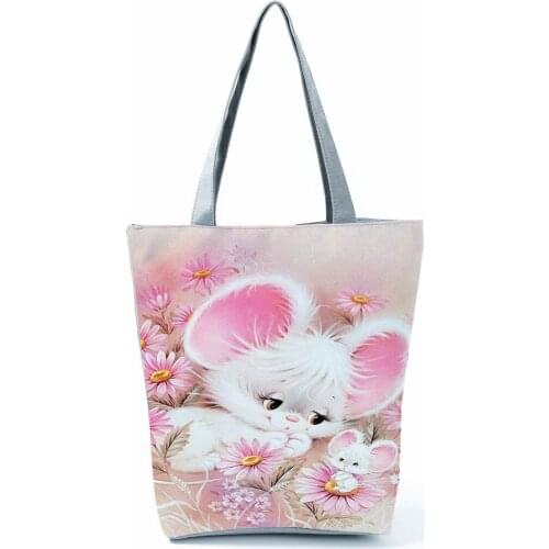 Cute Mouse Printed Handbag Cartoon Eco Reusable High Capacity Women Shopping Bag Floral Shoulder Tote Polyester Custom Pattern