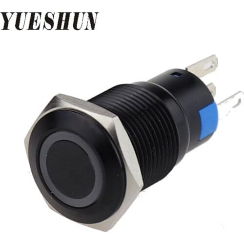 YUESHUN 16mm Metal Push Button Switches Waterproof Black Oxidized Aluminum Switch With Ring Light Momentary Car Auto Reset
