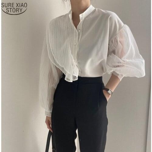 Fashion Loose White Womens Shirt Puff Long Sleeve Korean Sexy Blouse Women Mesh Blouse Elegant Women Clothing Blusas 11256