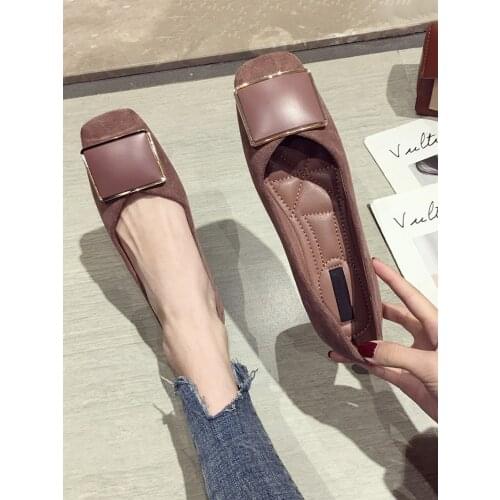 Womens Shoes New Spring Square Head Shallow Metal Square Button Flat Bottom Shoes