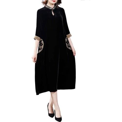 Plus Size Midi Dresses 2021 Vintage Black Gold Velvet 4XL Fall Winter Casual Loose Dress Women Elegant Bodycon Party Vestidos