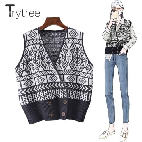 Trytree 2020 Spring Autumn Women Sweater Vest Classical Argyle Double Breasted Casual Acrylic Knitted Vest Women Tank Tops