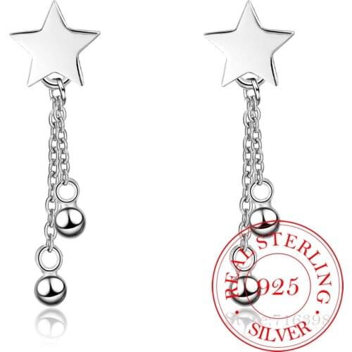 100% 925 Sterling Silver Chain Tassel Bead Stud Earrings For Women Cute Party Minimalist Star Fine Jewelry 2020 Wedding Gift/dag