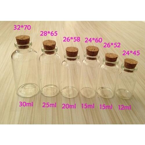 100pcs/lot 12ml 15ml 20ml 25ml 30ml Transparent Glass Bottle vials with Cork Stopper Glass Jar Wishing Bottle