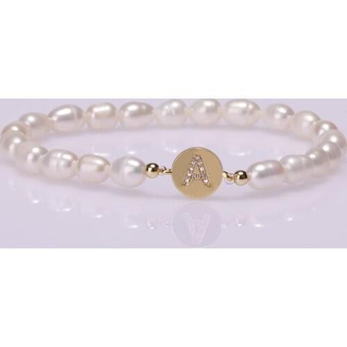 2020 New Natural Freshwater Pearl Bracelet With White Cubic Zirconium A-Z 26 Letters Coin Connector For Women Bangle Dainty Gift