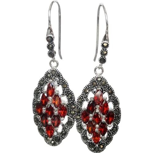 Free Shipping Genuine 925 Red Crystal Art Style Marcasite Earrings 2"