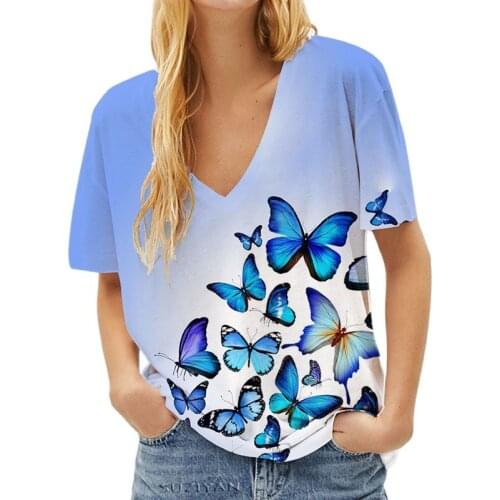 Casual Women Harajuku Short Sleeve Tshirts Butterfly Printed 3D Color t-shirt Summer Womens Clothing Female V-neck Street Tops