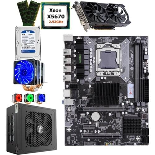 HUANANZHI computer DIY X58 LGA1366 Motherboard set CPU Xeon X5670 with cooler RAM 16G(2*8G) GPU GTX1050Ti 4G 1TB HDD PSU 500W