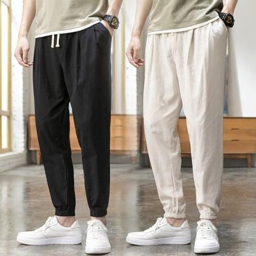 Fashion Men Cotton Solid Pencil Pants 2021 Summer Casual Elastic High Waist Long Trousers Streetwear Thin Pants Plus Size 5XL