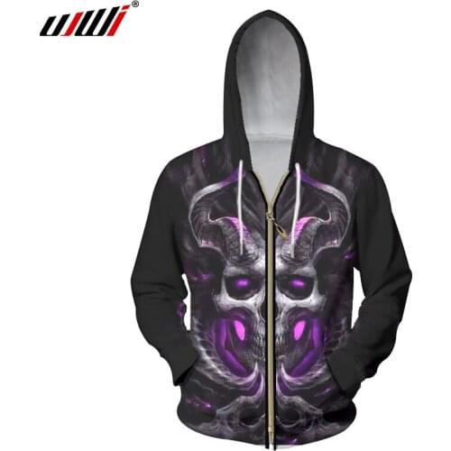 UJWI Zipper Hoodie Punk Style Mens Cool Print Horn Skull 3d Hoodies Sweatshirt Homme Long Sleeve Hooded Pullovers Jacket Blouse