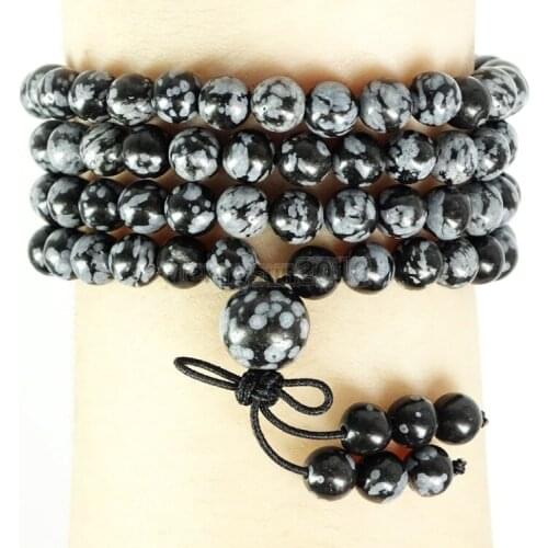 Natural Snowflake 6mm Gems Stone Buddhist 108 Beads Prayer Mala Multi-Purpose Stretchy Bracelet 5Strands/Pack