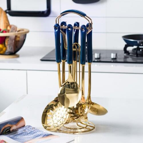 Stainless Steel Kitchenware Kit Nordic Golden Cooking Shovel Seven Sets of Green Blue Ceramic Handle Household Kitchen Supplies