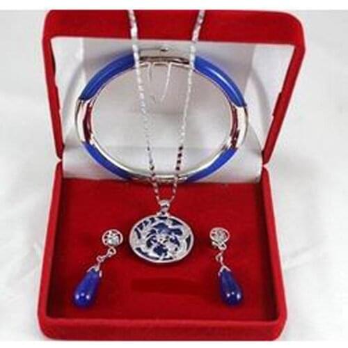 New Womens fashion Blue jade Bangle Bracelet Pendant Earring Jewelry Set