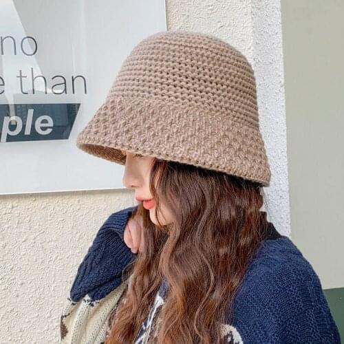 Autumn Winter Warm Solid Color Girls Bucket Hat Soft Knitting Wool Panama Bonnet For Female Casual Outdoor Fisherman Cap Women