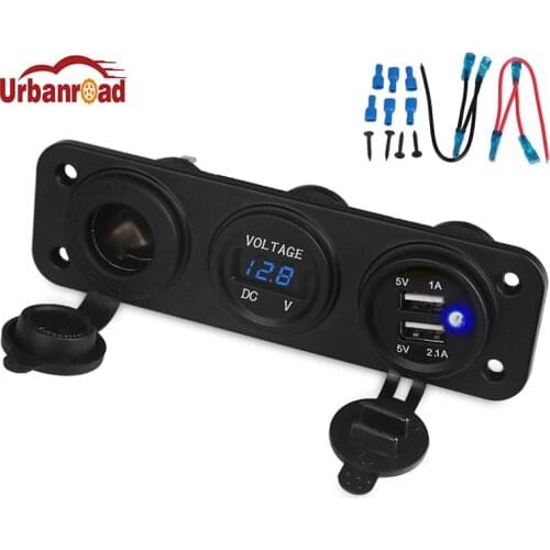 Urbanroad 3 Hole Panel Power Socket Cigarette Lighter Socket 12V 24V 4.2A Blue LED Digital Voltmeter Dual USB Charger For Phone