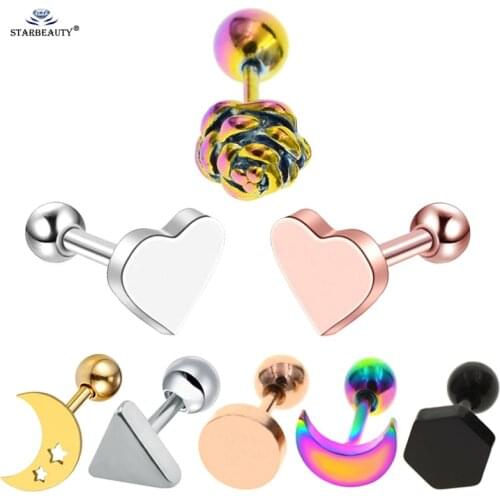 2pcs/lot Heart Moon Rose Star Helix Piercing Tragus Piercing Oreja Ear Piercing Stud Earrings Rose Gold Triangle Pircing Jewelry