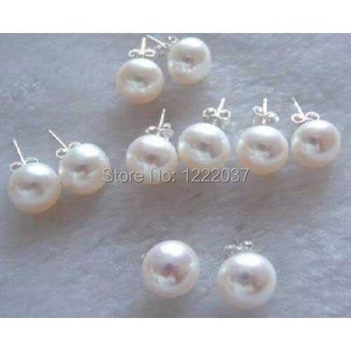 New Wholesale Natural Freshwater Pearl White 7-8mm 5 Pairs 925 Sterling Silver Stud Earrings