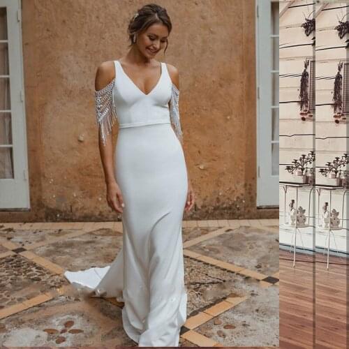 Bohemian Chiffon Sexy Backless Mermaid Wedding Dress Boho Rustic Civil Wedding Dresses 2021 Luxury Pearls Tassel V Neck Long