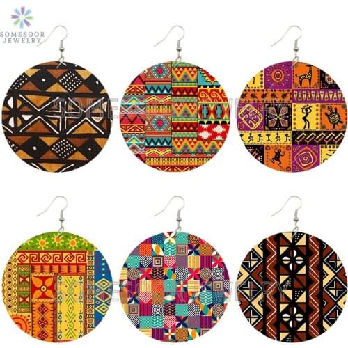 SOMESOOR African Headwrap Fabric Design Wooden Drop Earrings Afro Tribal Ethnic Pattern Bohemian Loops Jewelry For Women Gifts